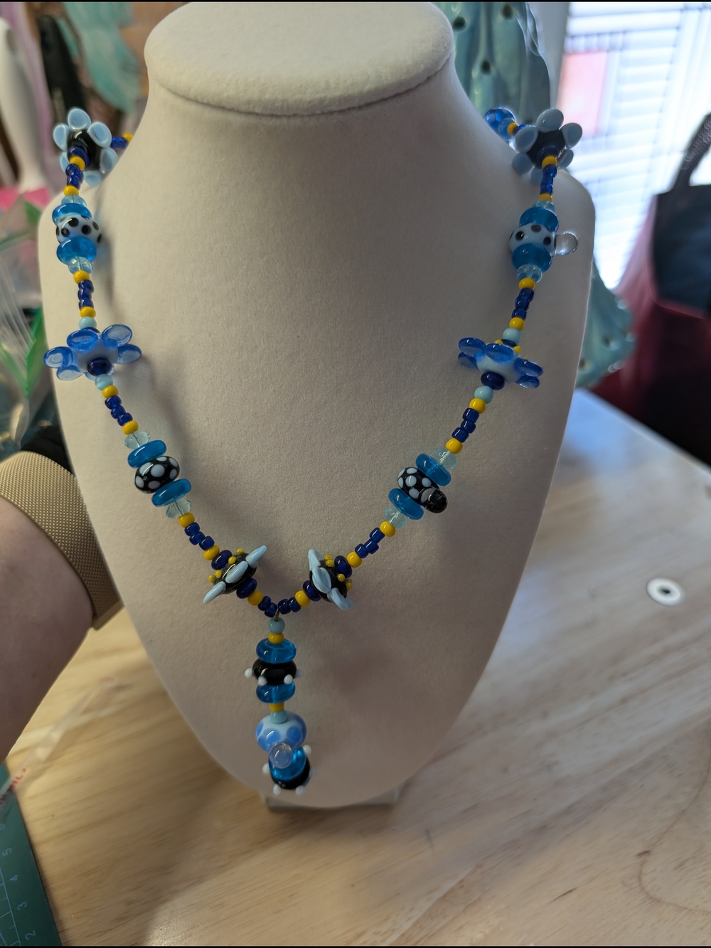 Handmade Blue Floral Glass Bead Necklace - Unbranded
